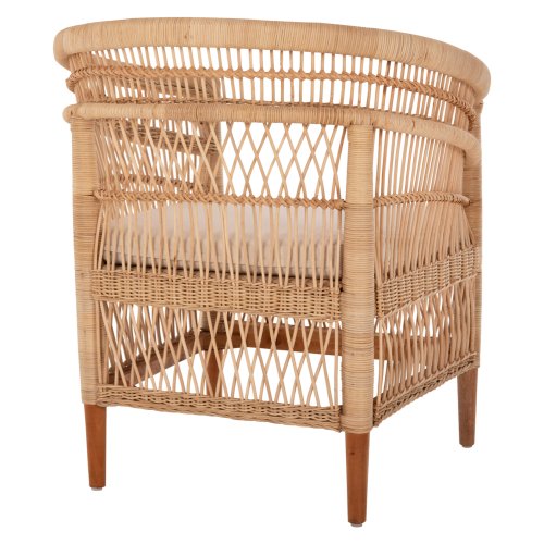 SESSEL MALAWI MAHAGONIHOLZ MIT RATTAN IN NATÜRLICH MIT WEIßEM KISSEN 80x70x86Hcm