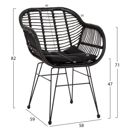 SESSEL MIT SITZKISSEN METALLRAHMEN ALLEGRA SCHWARZ AUS GEFLOCHTENEM RATTAN