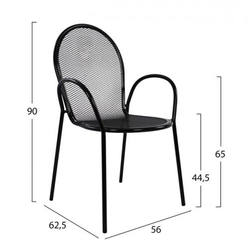 Schwarzer Sessel aus Metall mit perforierter Rückenlehne 56 x 62,5 x 90 cm.
