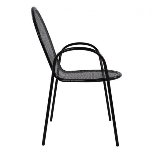 Schwarzer Sessel aus Metall mit perforierter Rückenlehne 56 x 62,5 x 90 cm.