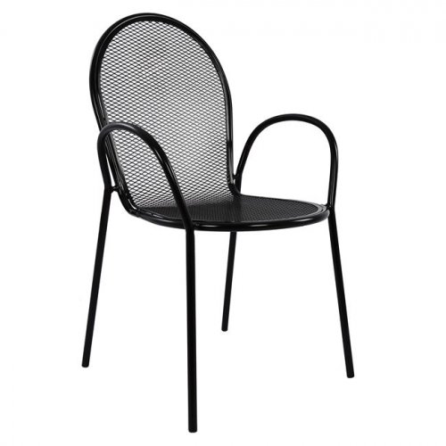 Schwarzer Sessel aus Metall mit perforierter Rückenlehne 56 x 62,5 x 90 cm.