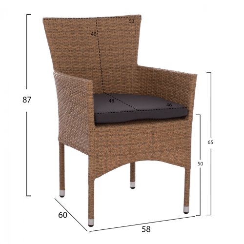 Outdoor-Sessel aus Metall mit Korbgeflecht und Kissen in Braun-Mokka