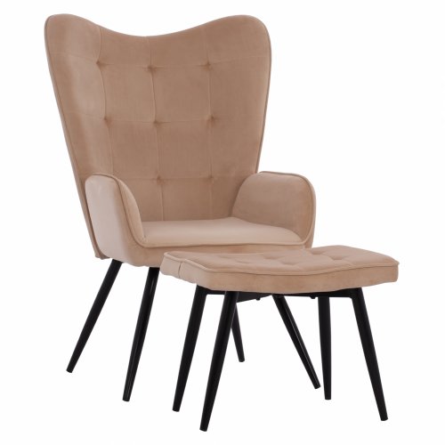 Homexperts Set Sessel & Hocker Ulla Sessel "Crawley" mit Fußhocker aus beigem Samt 70x57x103 cm
