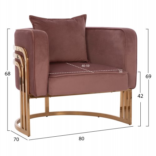 TIANA ARMCHAIR IN ROSE WITH GOLD METAL FRAME AND LOW BACK IN A SEMI-CIRCULAR ARRANGEMENT