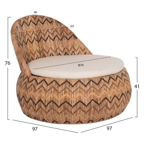 SESSEL RUND RATTAN IN NATUR-KISSEN IN ECRU 97x97x76Hcm