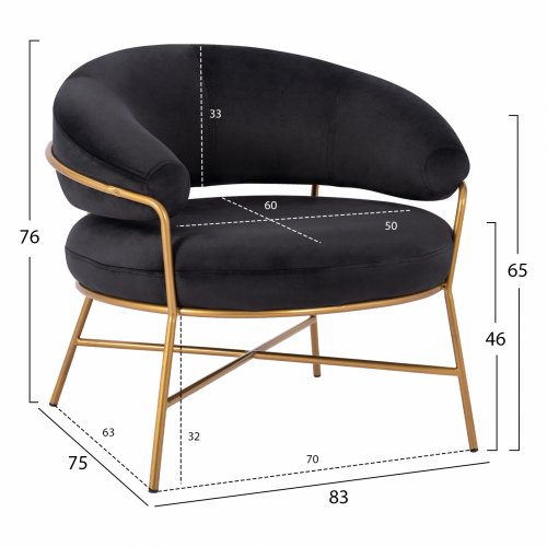 Trudi Sessel aus Samt in Schwarz mit Metallrahmen in Gold