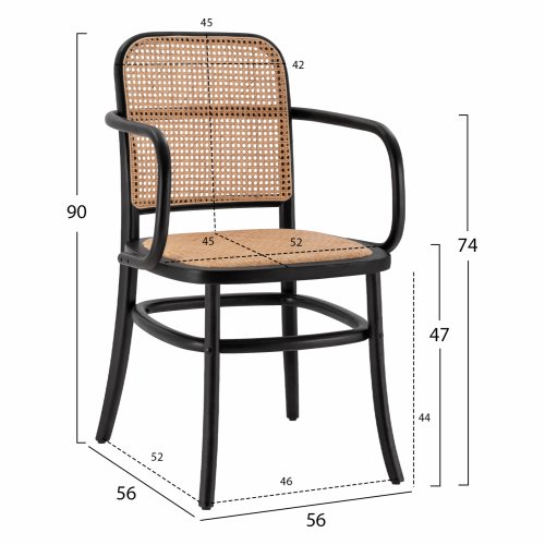 Wooden armchair with rattan in black color 56x56x90cm