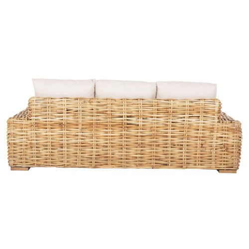 OUTDOOR-SOFA 3-SITZER MANGOHOLZ IN NATURFARBE-WEIßE KISSEN 216x88x70-85Hcm