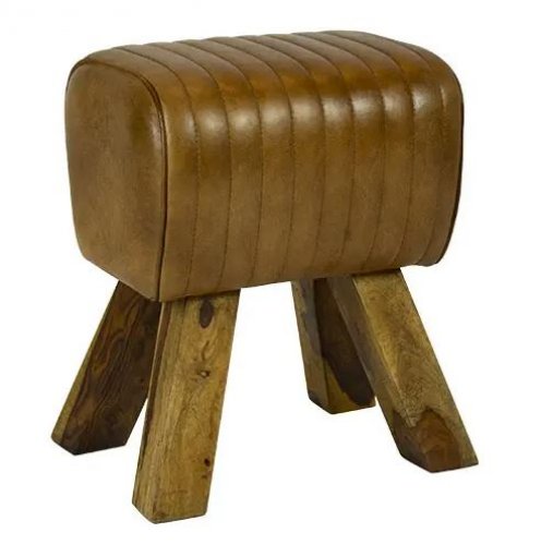 "Elone" stool made of 100% real buffalo leather in brown and oak frame
