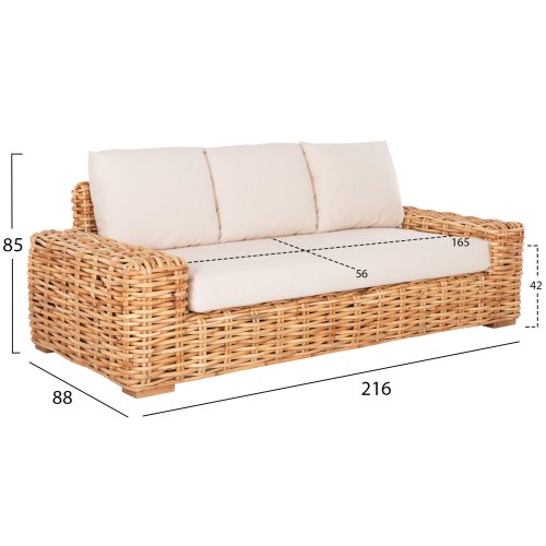 OUTDOOR-SOFA 3-SITZER MANGOHOLZ IN NATURFARBE-WEIßE KISSEN 216x88x70-85Hcm
