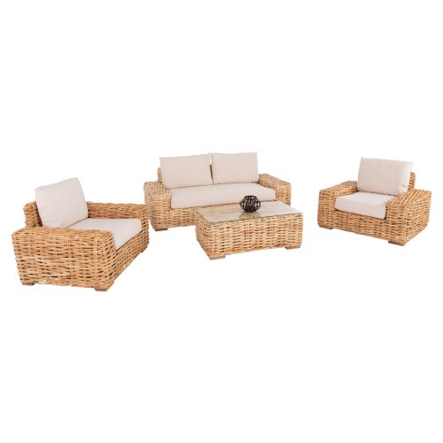 OUTDOOR-LOUNGE-SET 4-teilig MANGOHOLZ-SOFA-SITZER-2 SESSEL-COUCHTISCH