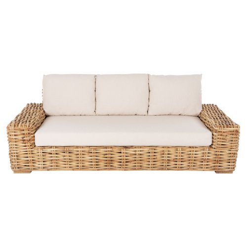 OUTDOOR-SOFA 3-SITZER MANGOHOLZ IN NATURFARBE-WEIßE KISSEN 216x88x70-85Hcm