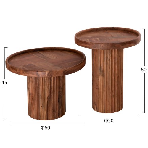 SET 2 STÜCK COUCHTISCHE RUND MASSIVES AKAZIENHOLZ IN NATÜRLICH Φ50 & Φ60 cm