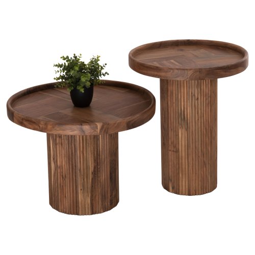 SET 2 STÜCK COUCHTISCHE RUND MASSIVES AKAZIENHOLZ IN NATÜRLICH Φ50 & Φ60 cm