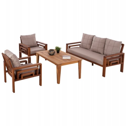 OUTDOOR-SET 4-TLG. MASSIVES IROKO-HOLZ IN WALNUSSFARBE & BEIGE KISSEN