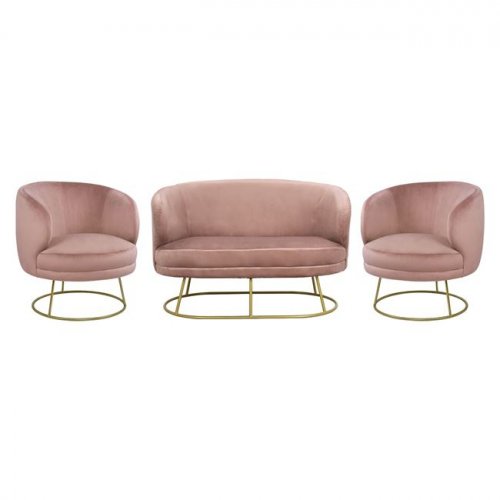 WOHNZIMMER-SET 2-SITZ & 2 ARIEN SESSEL ROSE SAMT SILBER BASE