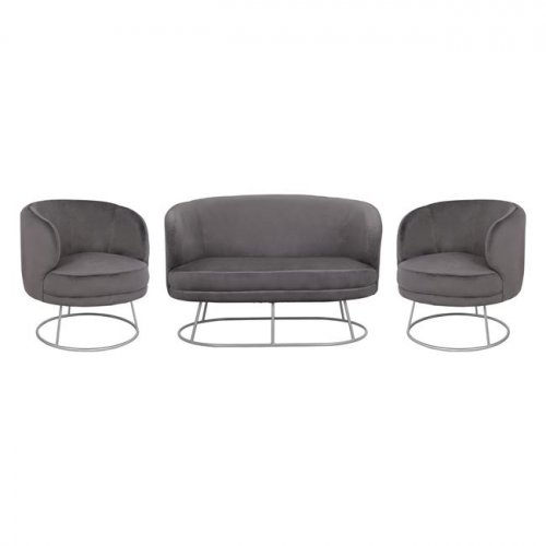 WOHNZIMMER-SET 2-SITZ & 2 ARIEN SESSEL GRAU SAMT SILBER BASE
