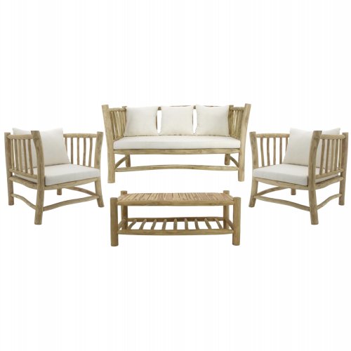 4-TEILIGES WOHNZIMMER-SET AUS MASSIVEM NATÜRLICHEM TEAKHOLZ - WEIß -