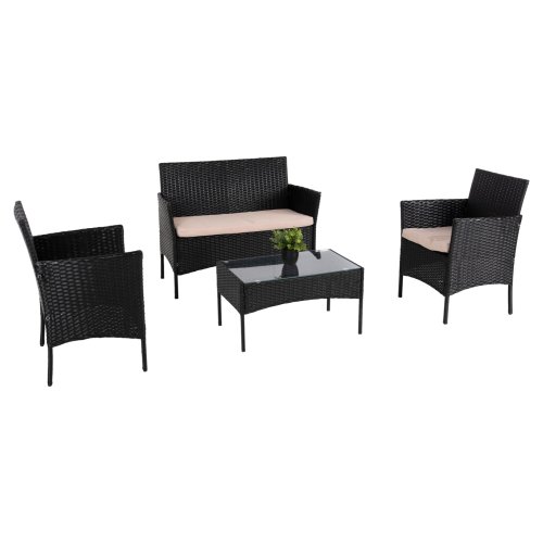 OUTDOOR-LOUNGE-SET 4-TLG. SYNTHETISCHES RATTAN IN SCHWARZ – KISSEN IN CAPPUCCINO