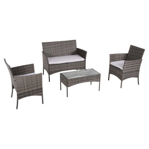 OUTDOOR-LOUNGE-SET 4-TLG. SYNTHETISCHES RATTAN IN GRAU – KISSEN IN BEIGE