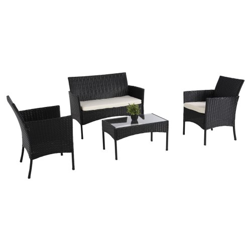 OUTDOOR-LOUNGE-SET 4-TLG. SYNTHETISCHES RATTAN IN SCHWARZ – KISSEN IN BEIGE