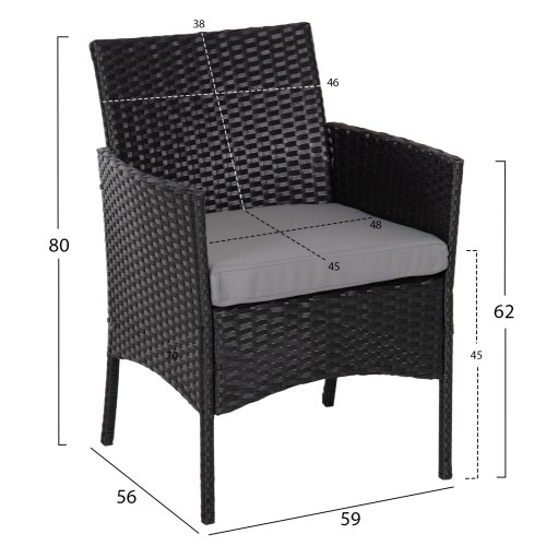 OUTDOOR-LOUNGE-SET 4-TLG. SYNTHETISCHES RATTAN IN SCHWARZ – KISSEN IN GRAU