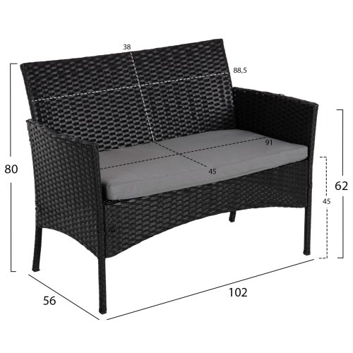 OUTDOOR-LOUNGE-SET 4-TLG. SYNTHETISCHES RATTAN IN SCHWARZ – KISSEN IN GRAU