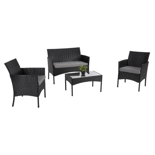 OUTDOOR-LOUNGE-SET 4-TLG. SYNTHETISCHES RATTAN IN SCHWARZ – KISSEN IN GRAU