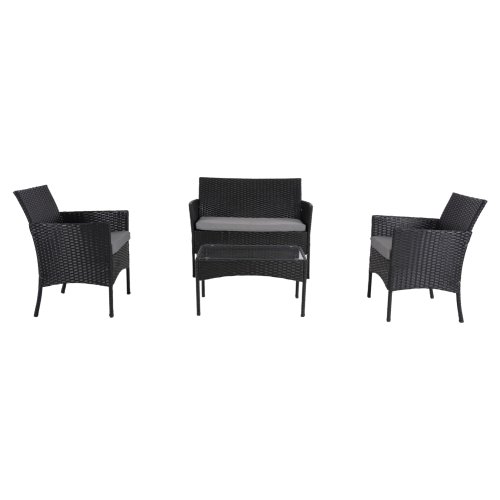 OUTDOOR-LOUNGE-SET 4-TLG. SYNTHETISCHES RATTAN IN SCHWARZ – KISSEN IN GRAU