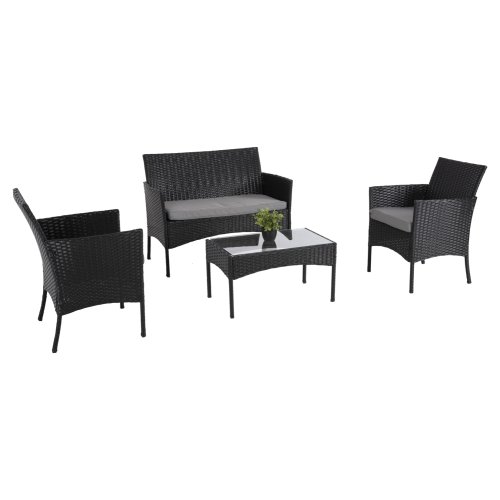 OUTDOOR-LOUNGE-SET 4-TLG. SYNTHETISCHES RATTAN IN SCHWARZ – KISSEN IN GRAU