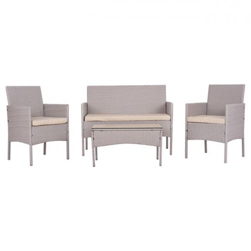 LOUNGE-SET 4-TLG. GRAU RATTAN MIT KISSEN