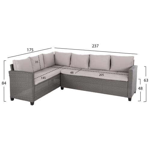 OUTDOOR-LOUNGE-SET RECHTES ECKENSOFA & TISCH GRAU SYNTHETISCHER RATTAN-KISSEN-PS-HOLZ
