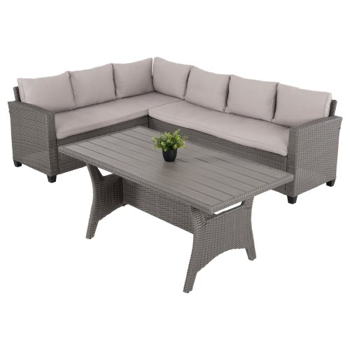 OUTDOOR-LOUNGE-SET RECHTES ECKENSOFA & TISCH GRAU SYNTHETISCHER RATTAN-KISSEN-PS-HOLZ