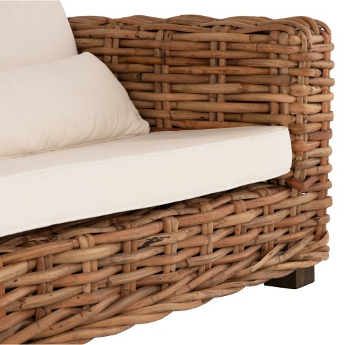 OUTDOOR-LOUNGE-SET 4-TLG. TROPEL NATURRATTAN-MAHAGONI-HOLZ-WEIßE KISSEN