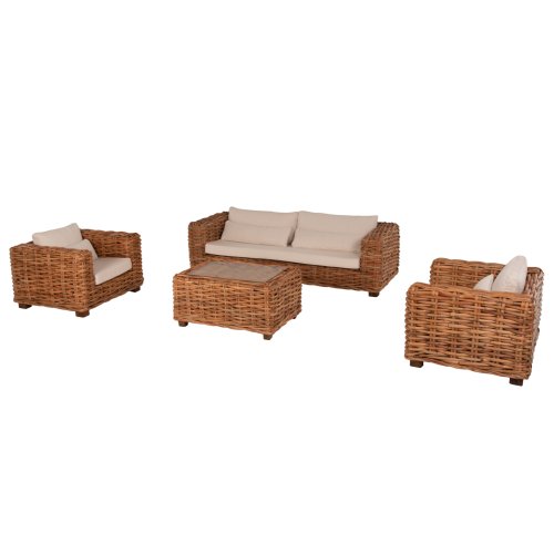 OUTDOOR-LOUNGE-SET 4-TLG. TROPEL NATURRATTAN-MAHAGONI-HOLZ-WEIßE KISSEN