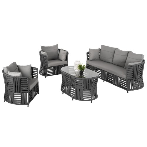 ALUMINIUM-OUTDOOR-LOUNGE-SET MIT SEIL 4STK. CARBON – HELLGRAU