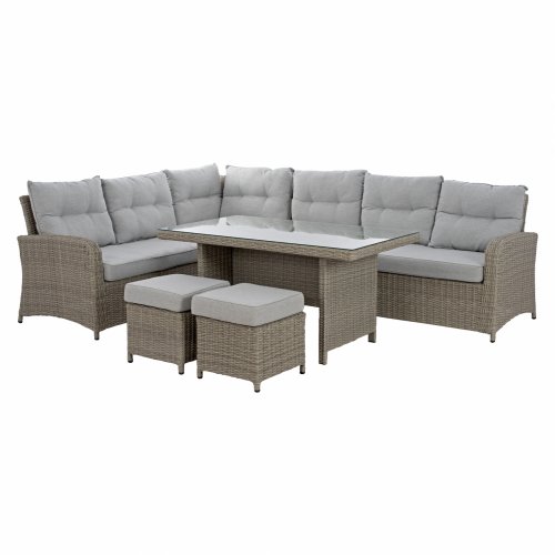 WOHNZIMMER-SET ALUMINIUM ECKE MIT ZWEI HOCKER UND GRAUER TISCH