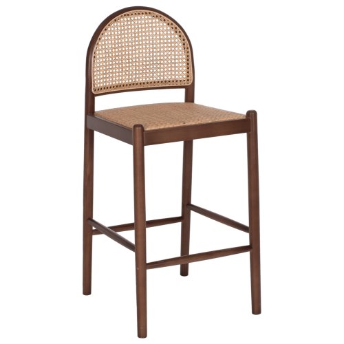 BARHOCKER BUCHE HOLZ WALNUSS RATTAN BEIGE HALBRUNDE RÜCKENLEHNE 46Χ48Χ94cm