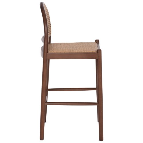 BARHOCKER BUCHE HOLZ WALNUSS RATTAN BEIGE HALBRUNDE RÜCKENLEHNE 46Χ48Χ94cm