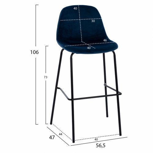 VINCENT STOOL VELVET BLUE AND METAL FRAME 56,5x47x106 cm