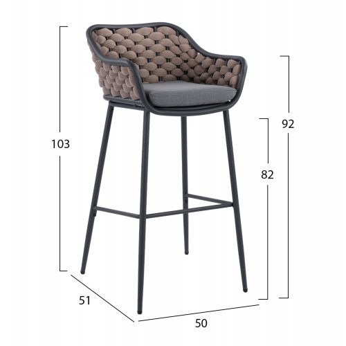 HOCKER MIT ANTHRAZIT METALLGESTELL UND BRAUNEM SEIL-DESIGN 50x51x103cm