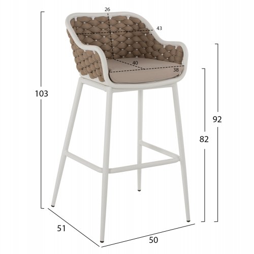 HOCKER MIT WEIßEM METALLGESTELL UND BEIGEM SEIL-DESIGN 50x51x103cm