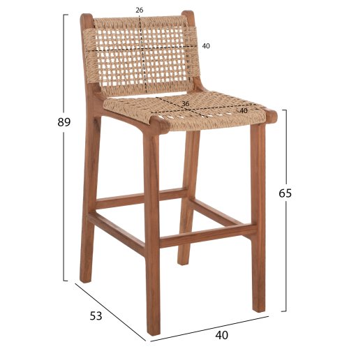 BARHOCKER MIT RÜCKENLEHNE AUSSEN TEAKHOLZ UND SEIL 40X53X89Hcm