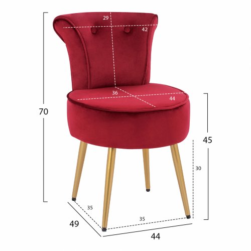 Hocker "Guillem" mit Rücken aus rotem Samt 44x49x70 cm mit goldenen Füßen