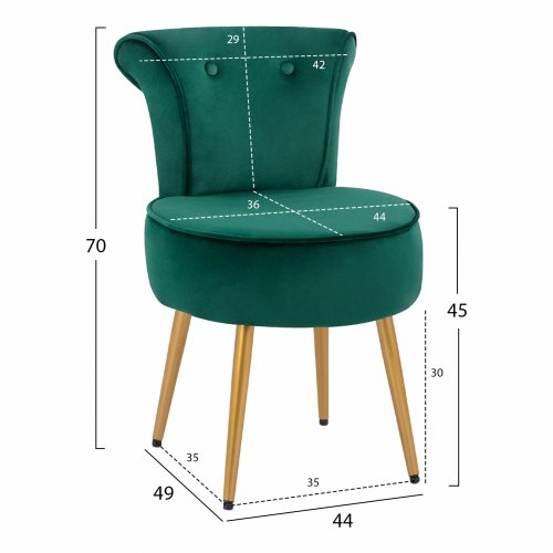 Hocker "Guillem" mit Rücken aus grünem Samt 44x49x70 cm und goldenen Füßen