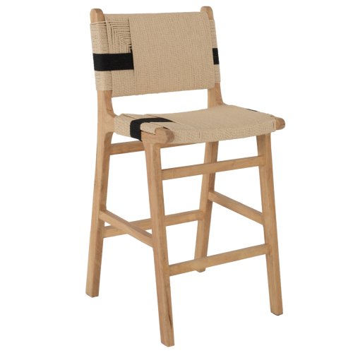 BARHOCKER MITTELHÖHE GUMMIBAUMHOLZ & SEIL – NATÜRLICH UND SCHWARZ 45x46x95cm
