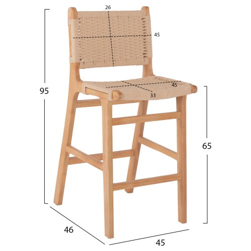 BARHOCKER MITTELHÖHE GUMMIBAUMHOLZ & SEIL – NATÜRLICH 45x46x95cm