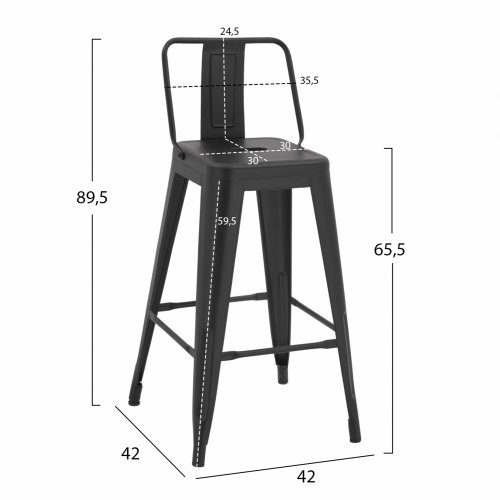 Bar Stool Middle Height Melita with back black matte 42x42x89,5cm