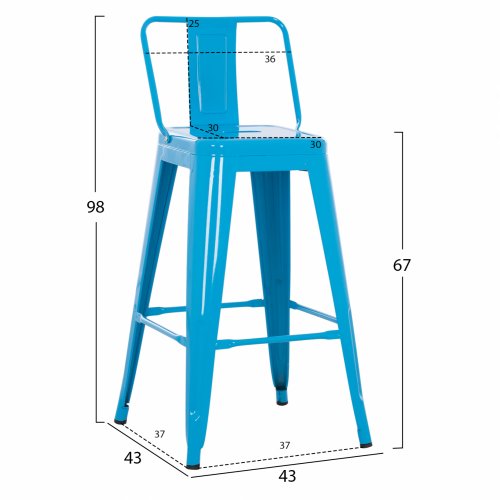 Mittelhoher Hocker "Melita" aus Metall mit Rückenlehne in blau 42x42x89,5 cm