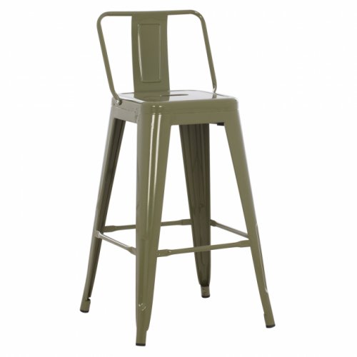 Mittelhoher Hocker "Melita" aus Metall mit Rückenlehne in olivgrün 42x42x89,5 cm